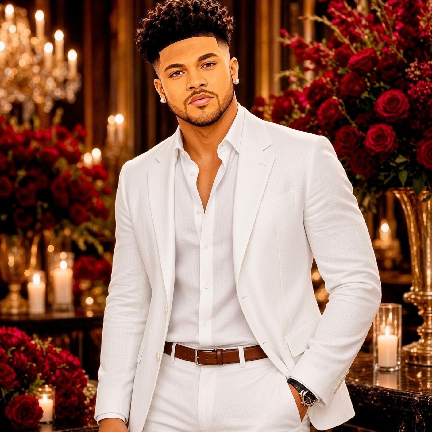AkkEL in a white suit, surrounded by red roses and warm candlelight