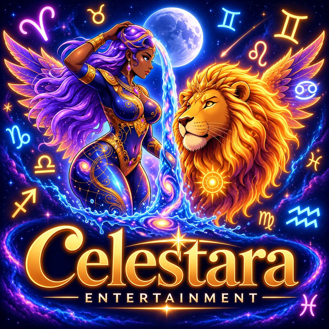 Celestara Entertainment celestial artwork featuring a regal purple-haired woman, a golden lion, and a radiant starry sky